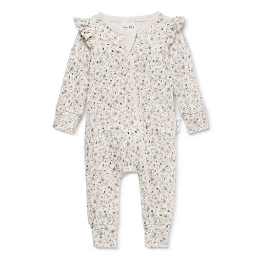 Winter Floral Zip Romper: Natural, NB